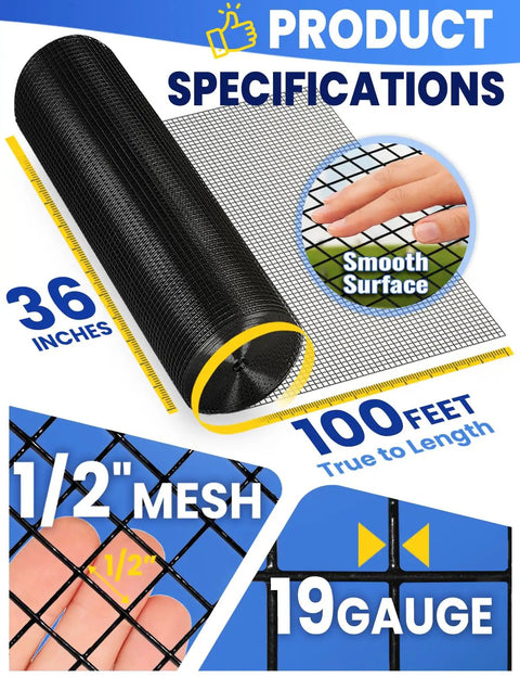 Black PVC Vinyl Coated Wire Mesh Hardware Cloth In One Half Inch 36 Inches By 100 Feet 19 Gauge Welded Wire Fencing, roll view