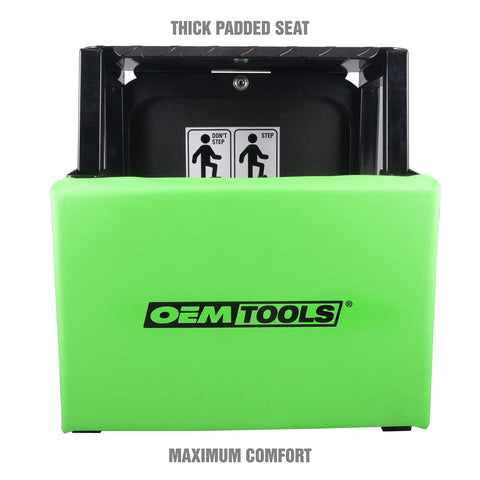 Close-up of green 2 In 1 Mechanic Stool And Step Stool With Rolling Seat Adjustable Height Thick Padded Vinyl Cushion 300 Lb Capacity