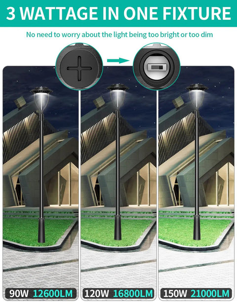 Ultra Bright LED Post Top Light With Photocell, IP65 Outdoor Pole Fixture showing 90W, 120W, 150W wattage options at night