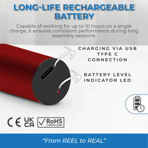 Cordless Pro Grade ESD Vacuum Pickup Tool showing USB C port and battery indicator for up to 10 hours life