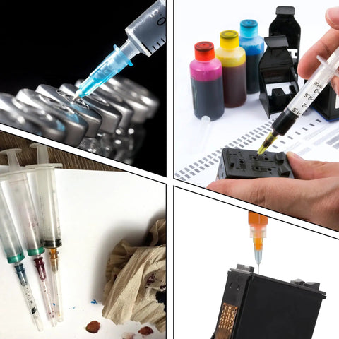 Pro Grade 20 Gauge 1.5 Inch Luer Lock Needles For Science Labs And Industrial Dispensing Individually Blistered 100 Pack in use with colored inks.