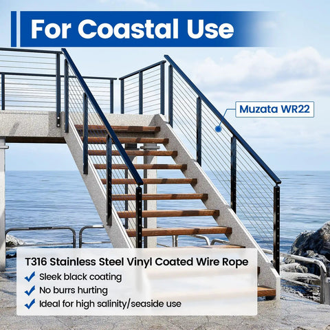 Modern stair railing with 150 Ft Black Vinyl Coated Wire Rope One Eighth Inch ID Overmolded To Three Sixteenth Inch OD 7x7 Stainless Steel Cable For One Eighth Inch Cable Railing Kit Indoor Outdoor WR17 Compatible With Protector Sleeves CR88 CR70 CR90, coastal backdrop