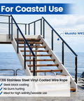 Vinyl Coated Wire Rope For Cable Railing One Eighth Inch To Three Sixteenths Inch 150 Foot Length Black 316 Stainless Seven By Seven Strands Indoor Outdoor Use Built For Seaside Damp Areas Rugged Coastline Ready in railing installation by sea