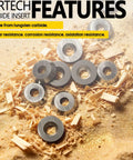 12mm Round Carbide Cutters And Inserts For Woodworking Lathes, 30 Degree Indexable Heads, Tough Tungsten Steel Blades For Smooth Wood Turning, Snag This Rock Solid 10 Piece Kit Today. Display of tungsten carbide inserts on wood shavings.