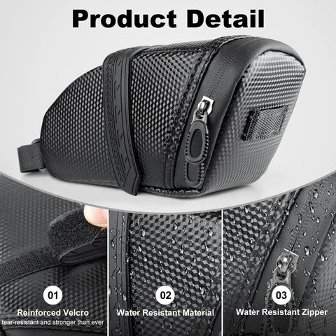 Product detail showing Waterproof Bicycle Seat Bag Under Seat Storage For Bike Rides Large Capacity Wedge Saddle Bag, PU fabric, rainproof zipper.
