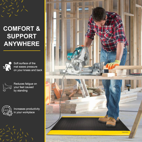 Industrial 15/16 Inch Extra Thick Anti Fatigue Floor Mat Built For Heavy Duty Jobs, Diamond Plate Non Slip Ergonomic Standing Mat In Black With Yellow Edge, Perfect For Workbench, Shop, Kitchen, Warehouse 3 By 5 Feet under worker using a saw