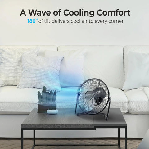 9 Inch High Velocity Desk Fan With All Metal Build on table, showcasing 180 degree tilt for air circulation in living room setting.