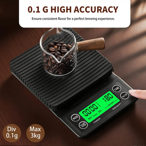 Coffee Scale With Timer 0.1g Precision, 3kg Drip Espresso Scale with glass of beans on LCD display, non-slip mat