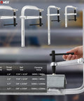 Light Duty F Clamp Set With 4In, 8In, 8In, And 12In Jaw Openings, displayed with dimensions, in use holding material