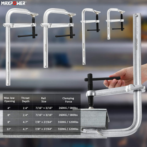 Light Duty F Clamp Set With 4In, 8In, 8In, And 12In Jaw Openings, displayed with dimensions, in use holding material