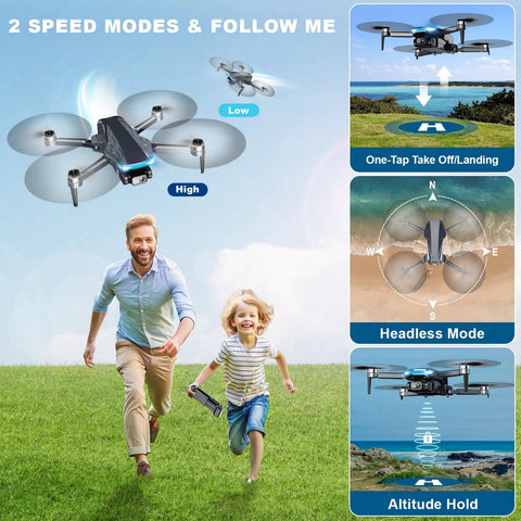 Father and daughter outdoors with Dope GPS Drone With 2K Camera For Grownups, showcasing Follow Me mode and flight features.