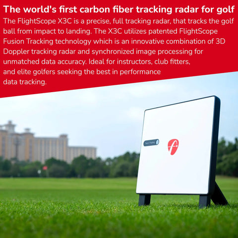 X3C Carbon Golf Launch Monitor and Simulator with full tracking radar for indoor and outdoor practice, shown on grass field.