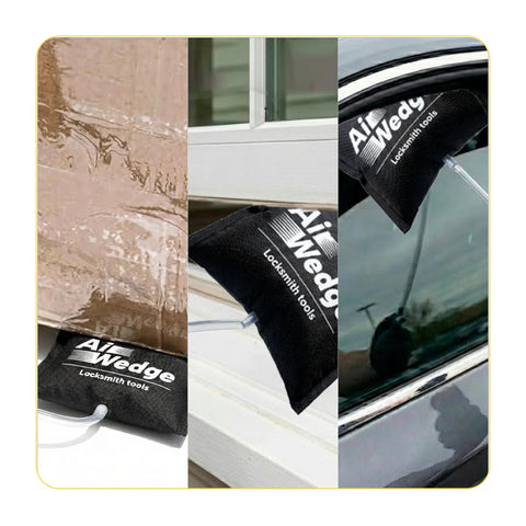 AirWedge inflatable bag pump, black ballistic nylon shim for lifting; three-view collage