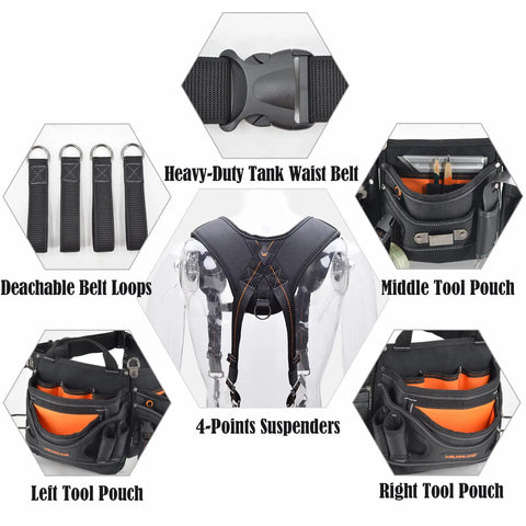 Tool Belt With Suspenders For Construction Pros Framer And Carpenter Pouch System With EVA Padding Chest Harness features