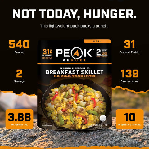 Package of Breakfast Skillet Freeze Dried Camping And Backpacking Meal With Eggs Sausage Potatoes And Peppers High Protein 2 Servings