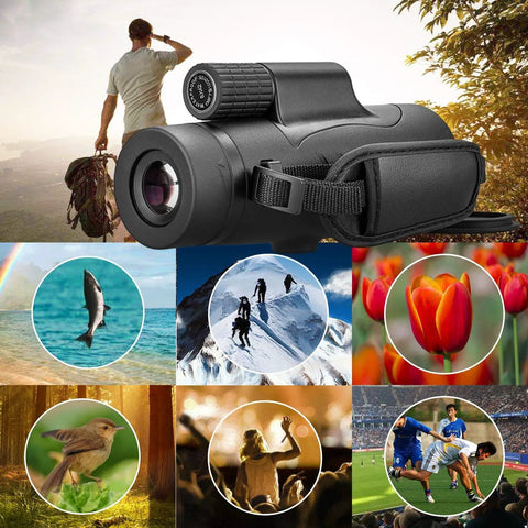 Compact 8x42 Monocular Telescope For Outdoorsy Adventurers Waterproof Fogproof Shockproof With Hand Strap HD View displayed outdoors with adventure scenes