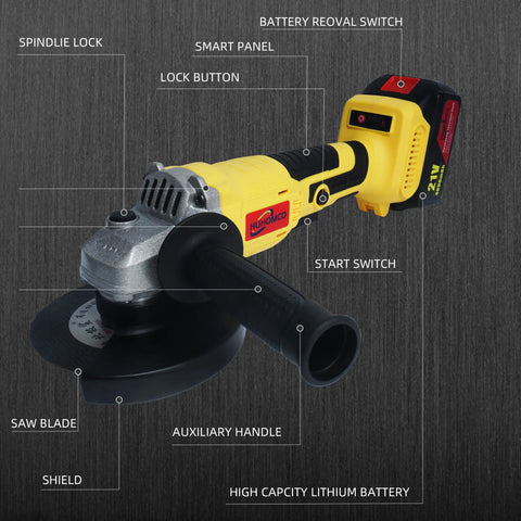 21V Cordless Angle Grinder With 0-9000 RPM No-Load Up To 10000 RPM, 4.0Ah Li-Ion Battery, Fast Charger, and auxiliary handle