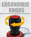Close-up of ergonomic knobs on Oxygen and Acetylene Regulators for Medium Duty Welding Torch CGA540 CGA510 with gauges visible.