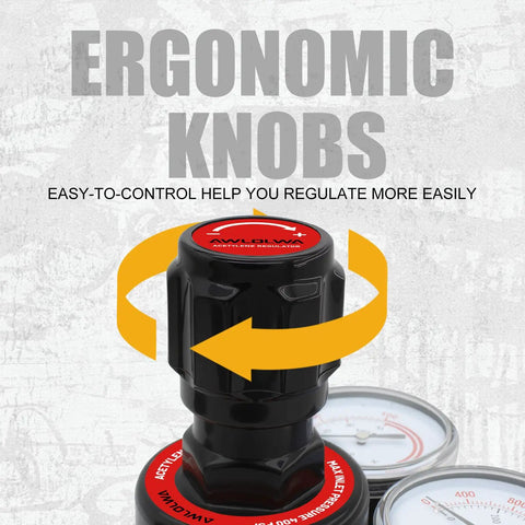 Close-up of ergonomic knobs on Oxygen and Acetylene Regulators for Medium Duty Welding Torch CGA540 CGA510 with gauges visible.