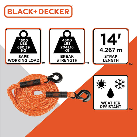 Heavy Duty 14 Foot Tow Rope With Easy Grip Handles And Steel G-Clip Hooks, 4500 Lb Break Strength, Weather Resistant