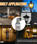 Two Pack No Fuss Photocell Sensor For Outdoor Lights, 120VAC Dusk To Dawn Switch, IP54 Waterproof shown with various lighting applications
