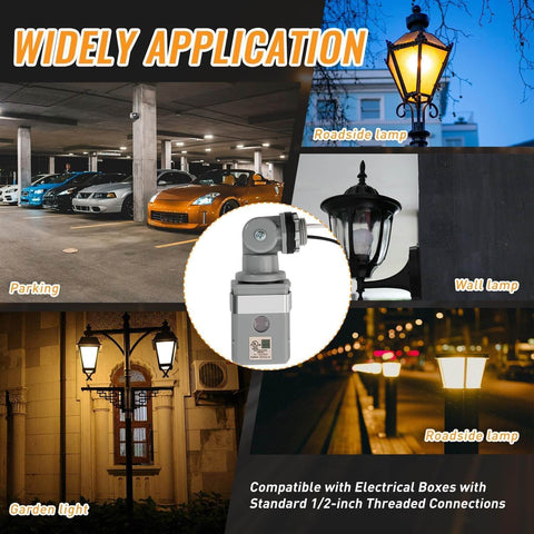 Two Pack No Fuss Photocell Sensor For Outdoor Lights, 120VAC Dusk To Dawn Switch, IP54 Waterproof shown with various lighting applications