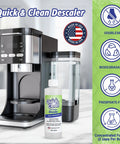 4 Pack Cleaning Cups With Descaler Bundle 2.0 Compatible For Keurig Nespresso Ninja Delonghi And All Coffee And Espresso Machines Keep Your Brew Tasty And Fresh By Removing Bitter Oils And Lime Scale Descale Built Up For Easy Maintenance, bottle next to coffee machine