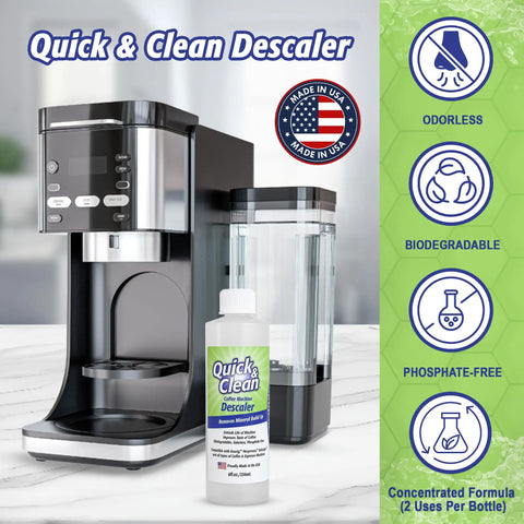 4 Pack Cleaning Cups With Descaler Bundle 2.0 Compatible For Keurig Nespresso Ninja Delonghi And All Coffee And Espresso Machines Keep Your Brew Tasty And Fresh By Removing Bitter Oils And Lime Scale Descale Built Up For Easy Maintenance, bottle next to coffee machine
