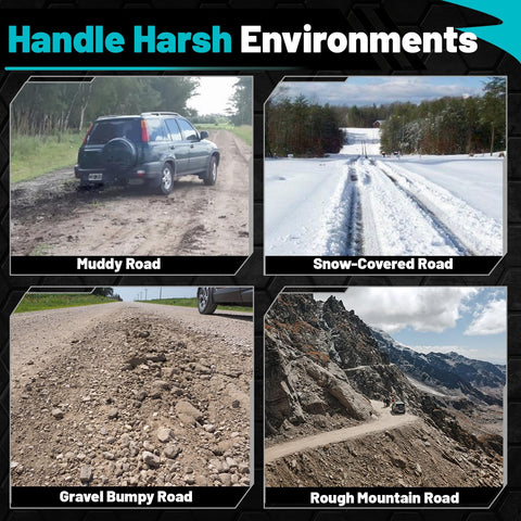 Collage of four images showing a car on a muddy road, snow-covered road, gravel bumpy road, and rough mountain road.