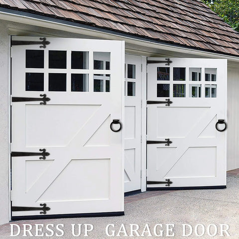 White garage doors with Rustic Matte Black 8 Inch Decorative Barn Door Bracket I Shape Dummy Gate Hinge.
