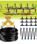 50Ft Drip Irrigation Kit DIY Plant Watering System With 8x5mm Tubing And Adjustable Emitters, brass splitter, garden illustration