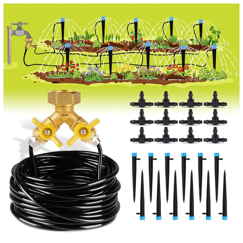 50Ft Drip Irrigation Kit DIY Plant Watering System With 8x5mm Tubing And Adjustable Emitters, brass splitter, garden illustration