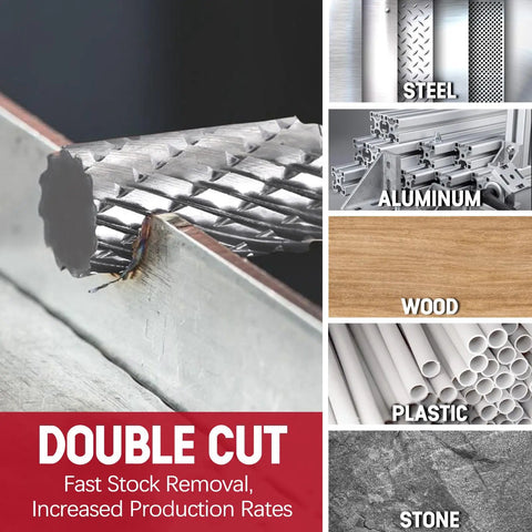 Close-up of Workhorse Tungsten Carbide Rotary Burr Set featuring double cut burr on steel for heavy duty grinding and deburring.