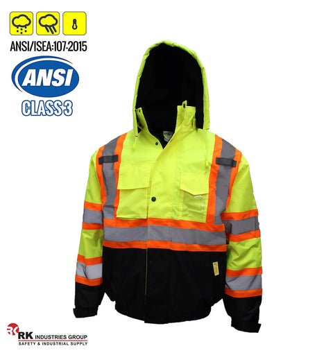 Hi Viz Workwear ANSI Class 3 Bomber Safety Jacket In Neon Lime 100 Percent Waterproof 2 Inch Reflective Taping On Front Back And Arms Meets ANSI ISEA 1072015 Size Extra Large Durable High Visibility Gear For Tough Outdoor Jobs