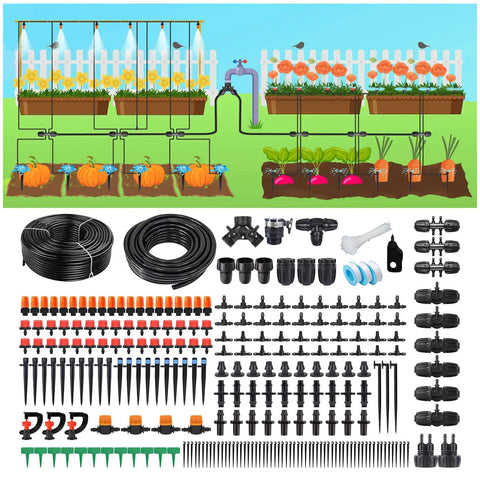 Automatic Drip Irrigation Kit For Garden With 5 Sprayers And Quarter Inch And Half Inch Tubing layout and parts