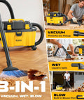 Cordless 2.5 Gallon Wet Dry Shop Vacuum With 15KPa Suction shown with attachments for cleaning liquids, dust, and leaves.