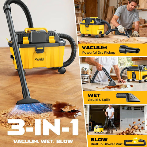 Cordless 2.5 Gallon Wet Dry Shop Vacuum With 15KPa Suction shown with attachments for cleaning liquids, dust, and leaves.
