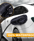Tough As Nails EV Charger Port Cover With Secure Magnetic Lock And Dual Season Shield in rain, showing waterproof protection on a vehicle.
