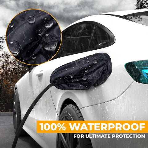 Tough As Nails EV Charger Port Cover With Secure Magnetic Lock And Dual Season Shield in rain, showing waterproof protection on a vehicle.