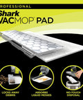 Shark VACMOP pad highlighting debris lock, liquid absorption, no-touch disposal features, VACMOP Disposable Hard Floor Pad Refills For Sealed Floors With No Touch Disposal Compatible With VM252 VM180 All In One Pad For Stone Hardwood Laminate And Tile Clean And Lock Away Debris In Built In Dirt Chamber Pack Of 3 Easy Peasy Refills.