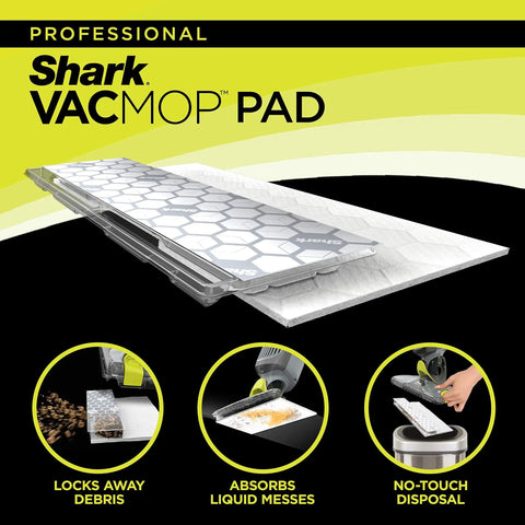Shark VACMOP pad highlighting debris lock, liquid absorption, no-touch disposal features, VACMOP Disposable Hard Floor Pad Refills For Sealed Floors With No Touch Disposal Compatible With VM252 VM180 All In One Pad For Stone Hardwood Laminate And Tile Clean And Lock Away Debris In Built In Dirt Chamber Pack Of 3 Easy Peasy Refills.