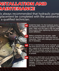 Technician installing hydraulic pump with safety gear, featuring steps for proper installation and maintenance instructions.