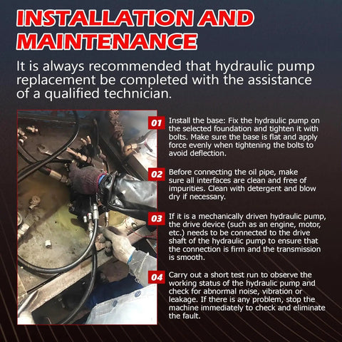 Technician installing hydraulic pump with guidelines for proper maintenance on labeled steps.