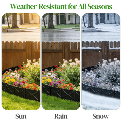 Six Pack Heavy Duty Metal Landscape Edging Kit With Hammer In Stakes For No Dig Garden Borders in sun, rain, and snow