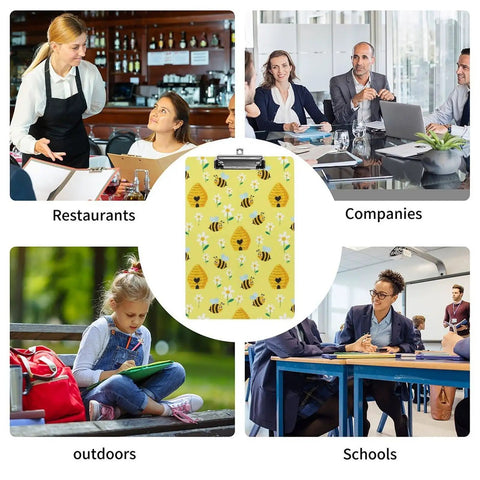 Honey Bee Print Sturdy Acrylic Clipboard For A4 Papers, clear yellow bee-print clipboard shown for restaurants, companies, outdoors, and schools