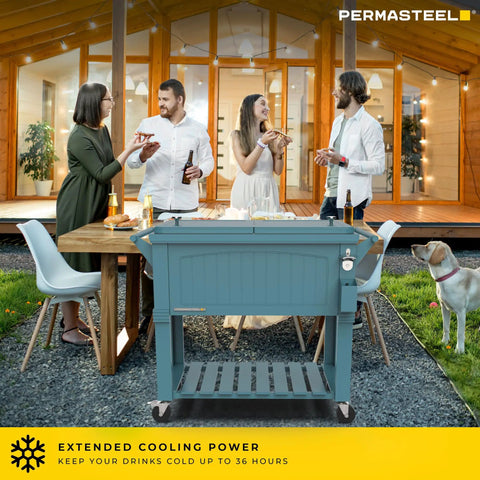 Outdoor party with Party Cooler With Divider And Locking Lid, 80-Qt Rolling Ice Chest, matte teal next to guests and table.