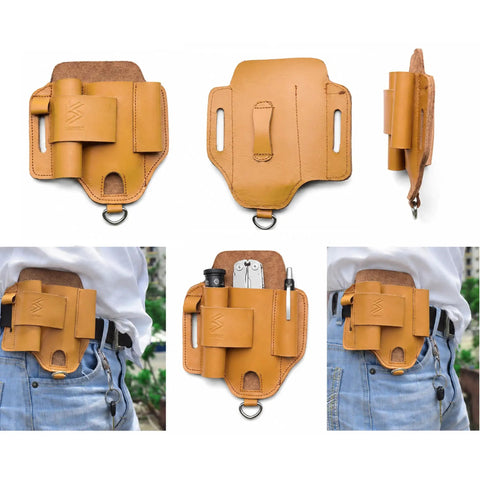 Leather Multitool Sheath EDC Belt Organizer For Flashlight And Tools, shown with tan leather and belt clip, fits on jeans