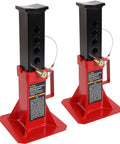 Beefy Heavy Duty Pin Type Jack Stands With Lock, 12 Ton Capacity, 26,400 Lb Pair, Red, Adjustable Height With Secure Locking Pins.