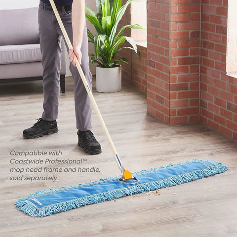 Top Shelf Loop End Cotton Dust Mop Head 48 Inches Wide For Rapid Hard Surface Cleaning In Blue being used on a floor.