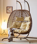Two Person Outdoor Egg Chair With Stand Hexagon Rattan Wicker Swing Chair For Patio Large Foldable Loveseat With Removable Cushions In Beige